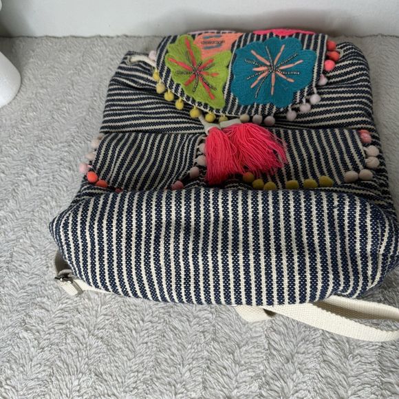 A&B America And Beyond Embroidered Floral Backpack Pom Poms Tassels Neon *Flaw - Picture 13 of 16